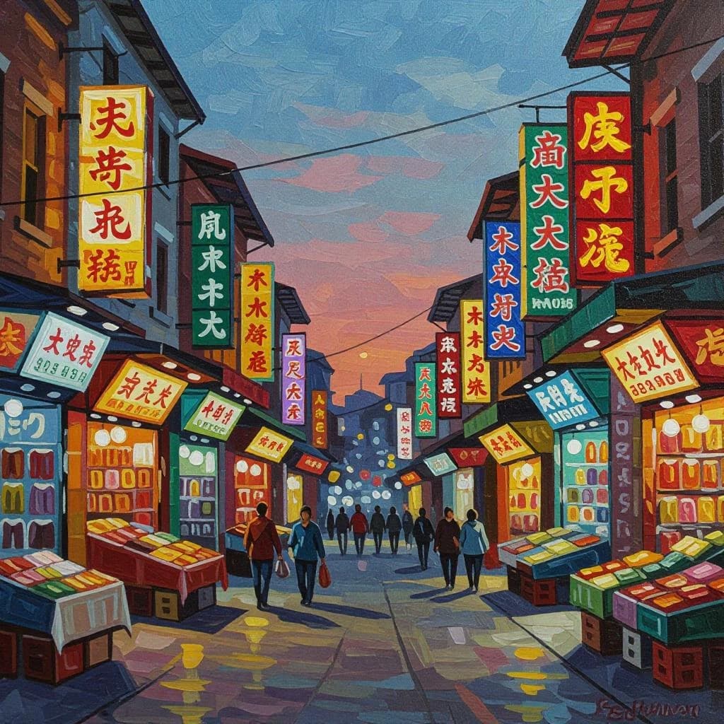 I want an oil painting of a busy market street with gaudy shop signs at dusk.
