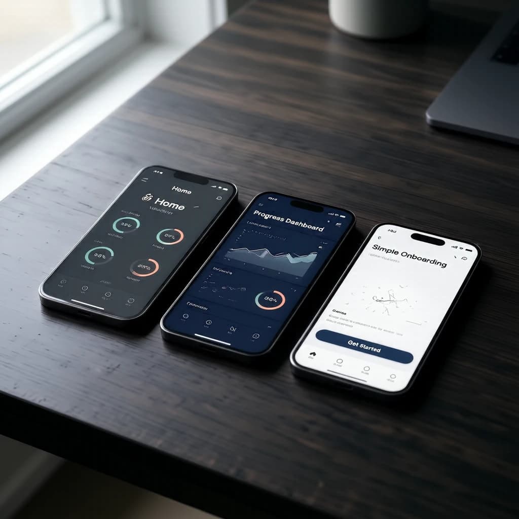 Sleek mobile fitness app screens on a desk: dark mode home, progress dashboard, simple onboarding, clear 8 pt grid, slightly oversized buttons for thumb reach, muted colors.