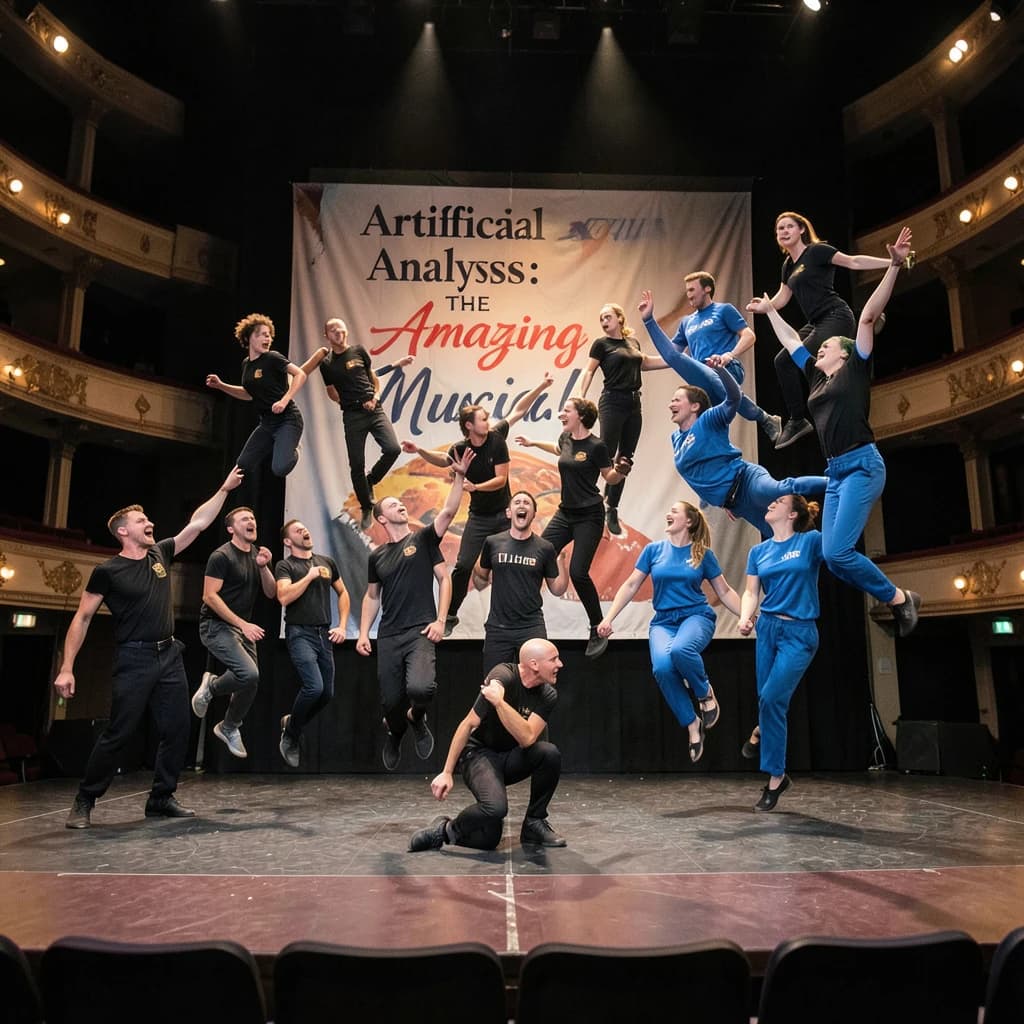 The musical troupe do a rehearsal in a large, empty theatre. 9 people are on the stage, half wear black and the others wear blue. The skinny bald director, seated in the second row, is practically leaping out of their seat with excitement as the leads nail their aerial. A giant banner reading "Artificial Analysis: The Amazing Musical!" is behind the actors.