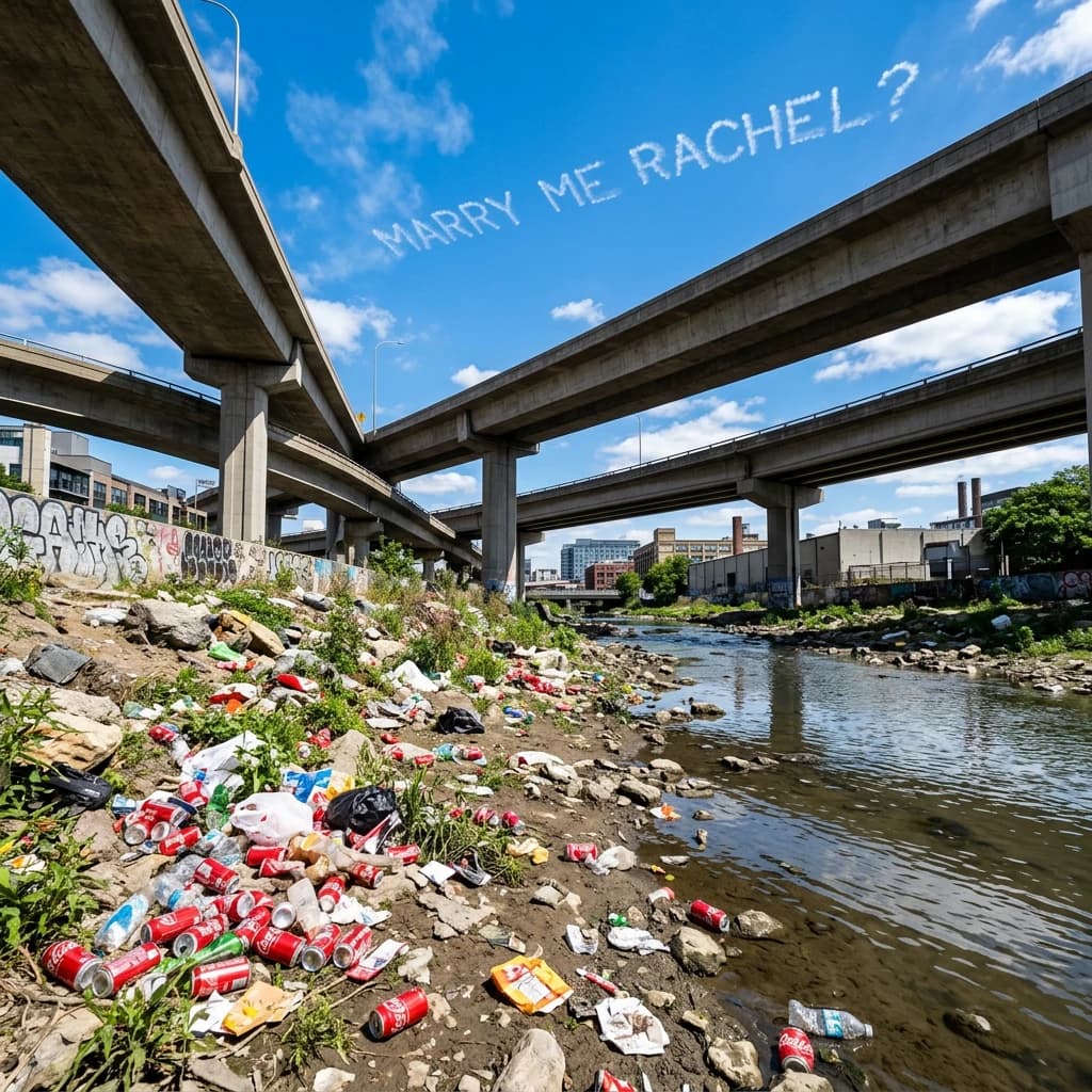Red soda cans and other garbage sit strewn across the bank of an urban river only a few metres wide. Concrete overpasses criss cross overhead on a bright and sunny day. Fading skywriting proposes marriage