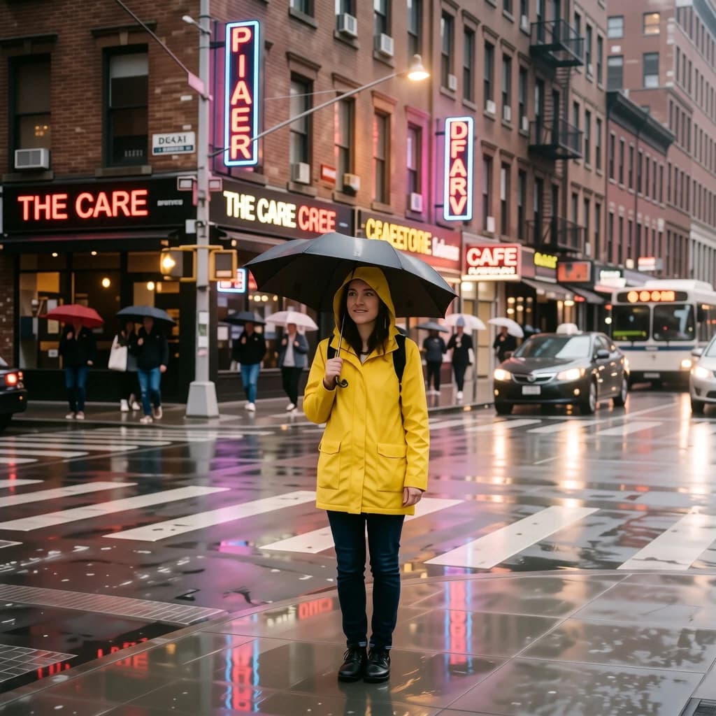 A sunlit city street after rain; puddles mirror neon signs as a woman in a yellow raincoat waits at a crosswalk, soft mist, 50mm look, natural tones, a bit of film grain.
