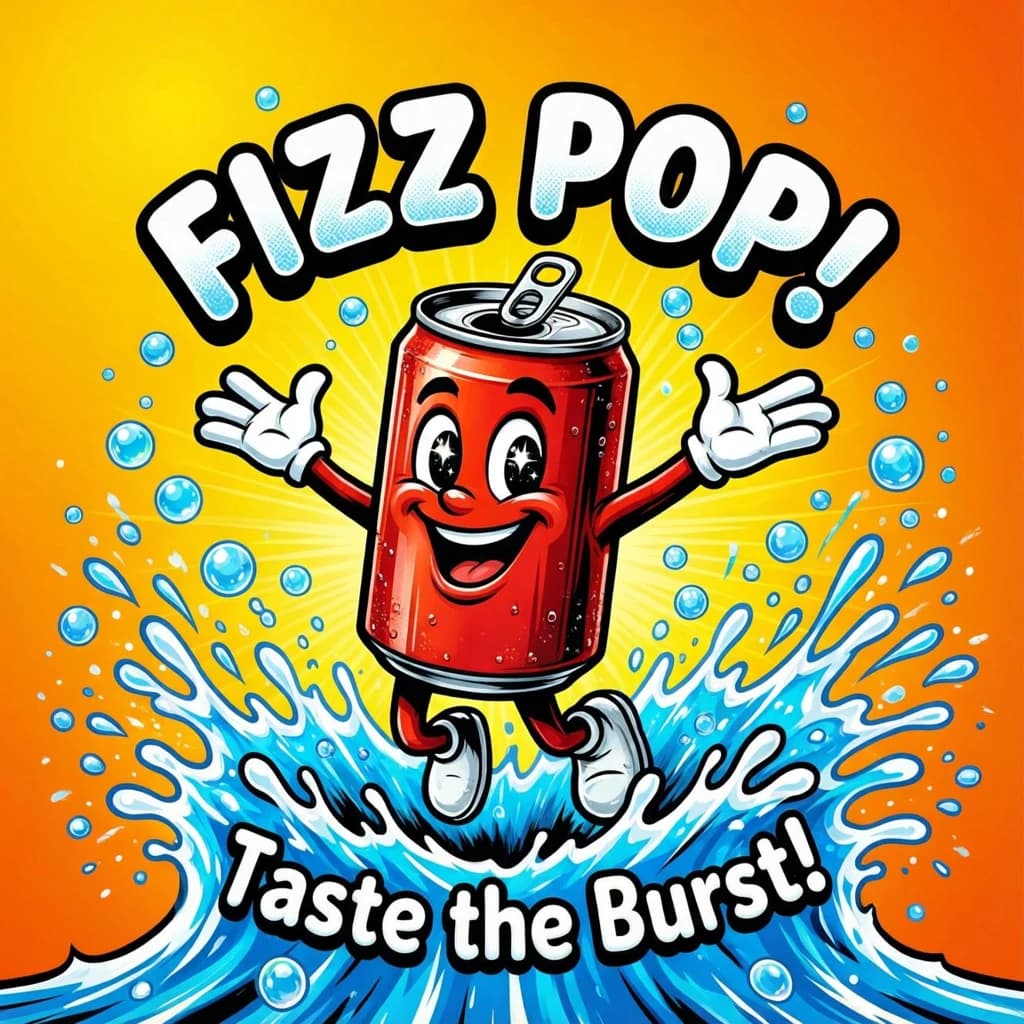 Design a bright soda billboard ad with a bubbly can mascot, thick inky lines.