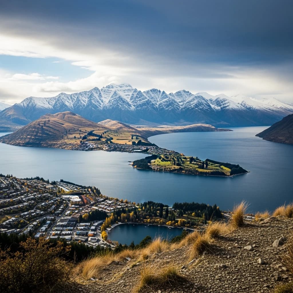 Queenstown's Lake Wakatipu, viewed from the top of Queenstown Hill after a snowstorm just dusted the top of Cecil's Peak