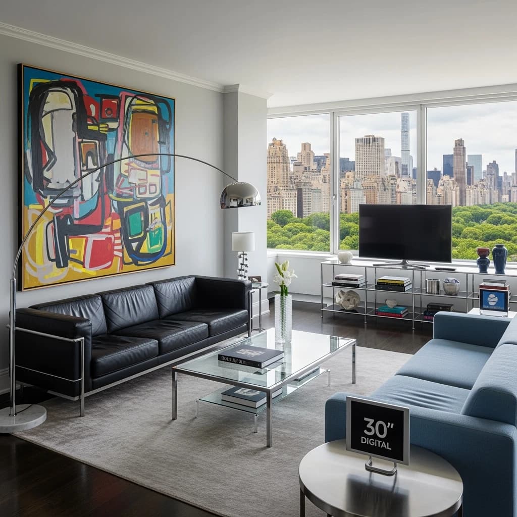 My apartment overlooks Central Park. It’s very luxurious, very expensive, and the furniture is minimal — a black leather couch, a glass coffee table with chrome legs, an Arne Jacobsen floor lamp. A big-screen television set rests on a steel shelving unit. A David Onica painting hangs above the couch. There’s a stainless steel and glass cocktail table. A powder-blue sofa. A thirty-inch digital TV.