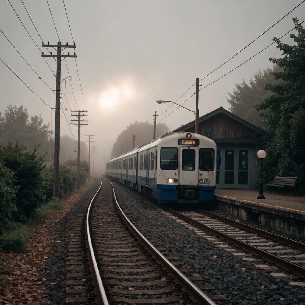 A commuter train enters a foggy little station.