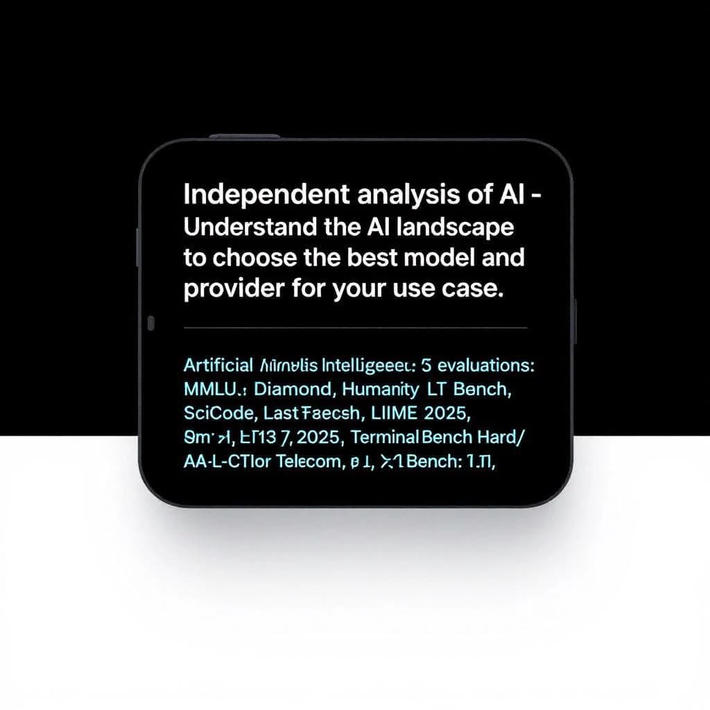 On a black smartphone UI with rounded corners, display a centered text block in white San Francisco font, 16pt: “Independent analysis of AI - Understand the AI landscape to choose the best model and provider for your use case.” Below, in neon cyan, monospace font, smaller size: “Artificial Analysis Intelligence Index v3.0 incorporates 10 evaluations: MMLU-Pro, GPQA Diamond, Humanity's Last Exam, LiveCodeBench, SciCode, AIME 2025, IFBench, AA-LCR, Terminal-Bench Hard, 𝜏²-Bench Telecom.” The second block scrolls horizontally as a ticker. The battery icon in the status bar shows 54%. The Artificial Analysis logo appears faintly, embossed into the bottom navigation bar.