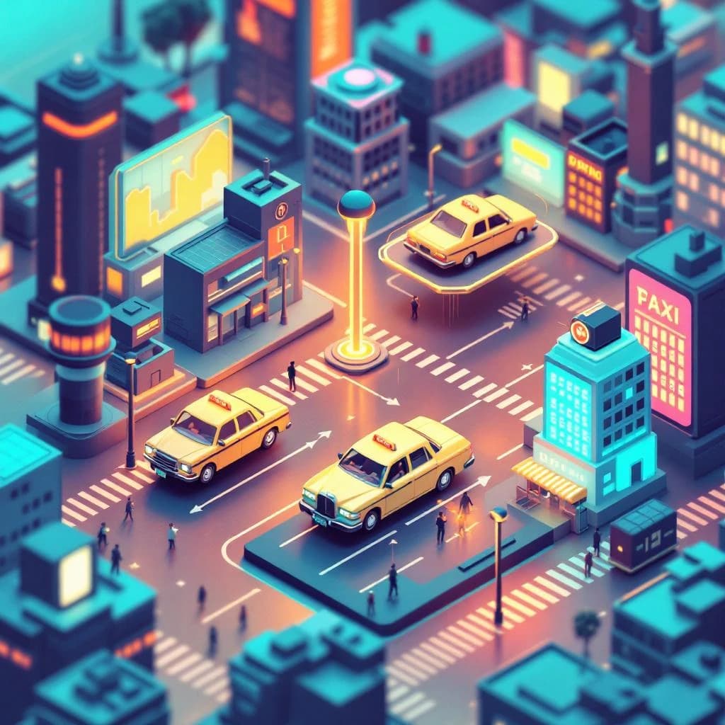 Design an isometric neon city with hovering taxis, clean lines, soft glow.