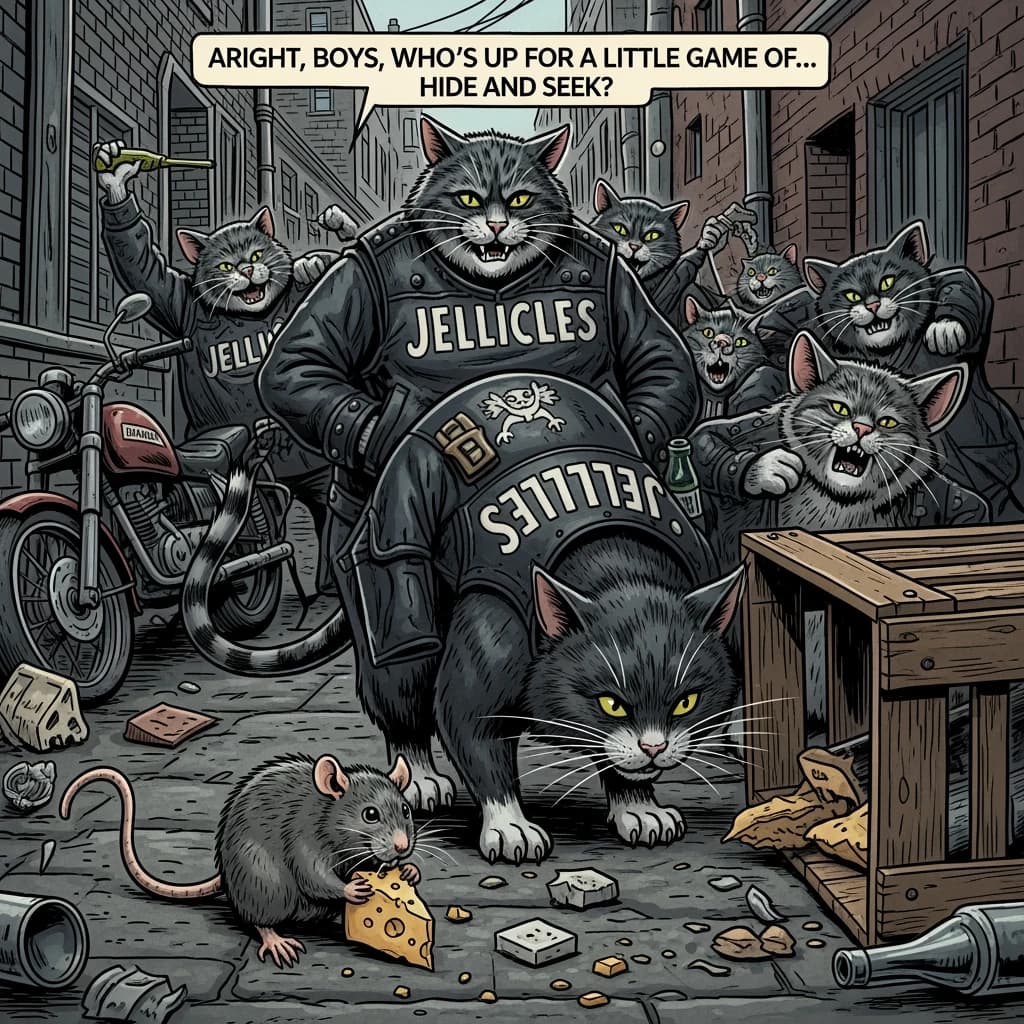 The cartoon rat clenches his thin wedge of cheese and trembles in fear as he hides from the menacing Jellicles, the roaming cat motorcycle gang, all wearing their colors with the name on the back. The cats have all drunk far too much milk and are causing a big ruckus! One cat is close to finding the rat