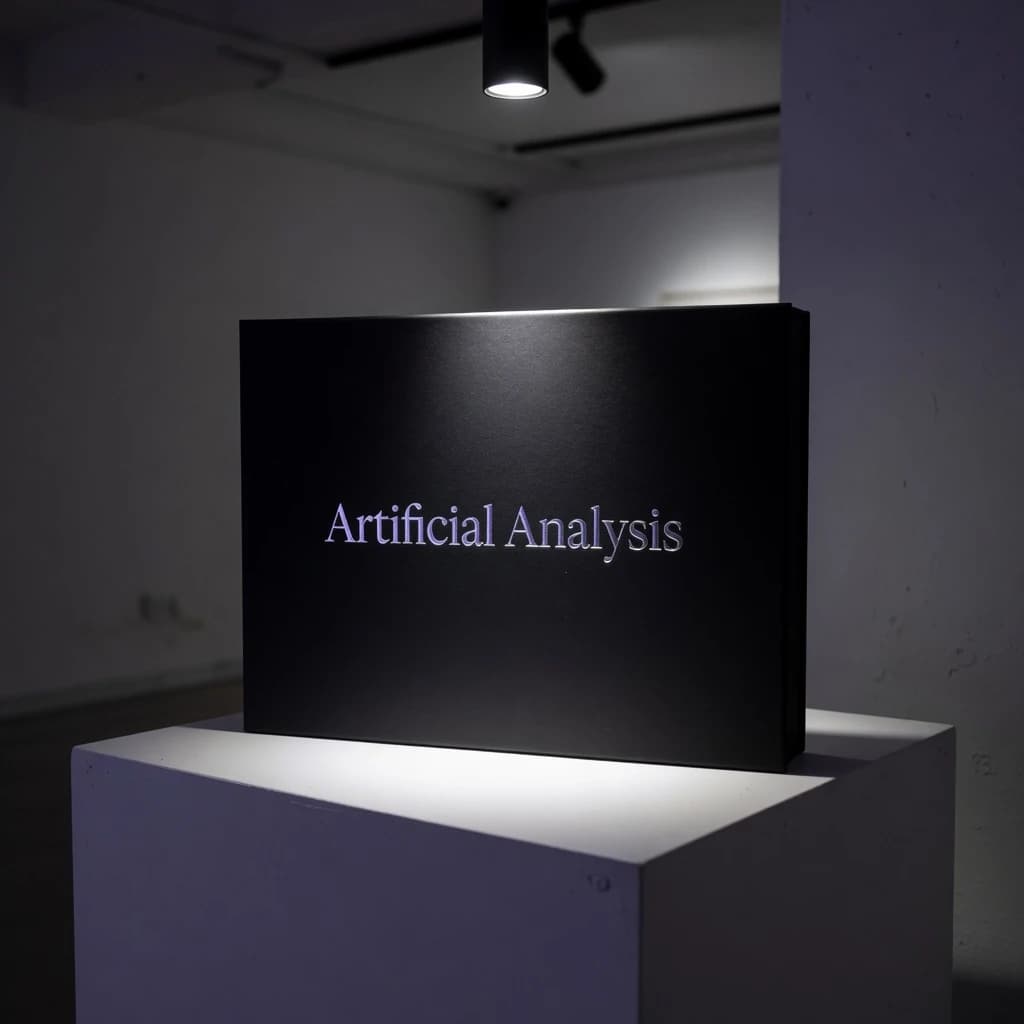 A premium matte black laptop-sized box rests on a pure white pedestal within a gallery space. Overhead, a single spotlight carves sharp contrast, leaving the edges in deep shadow. The brand name Artificial Analysis is embossed in silver foil, glinting faintly as though it were jewelry.