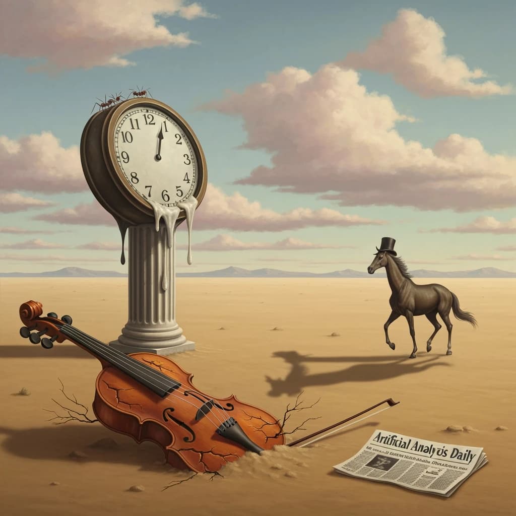 A vast desert plain stretches endlessly under a sky streaked with pale pink and ochre clouds. In the center stands a colossal clock, its face drooping and melting over the edge of a broken marble column. Ants swarm across its warped surface, glinting in the harsh sunlight. To the right, a horse with a giraffe like neck wearing a top hat strides toward the horizon, its shadow stretching miles across the sand. A cracked violin lies half-buried in the foreground, strings snapping outward like veins. Painted in the dreamlike surrealist style. A newspaper named the "Artificial Analysis Daily" lies on the Floor.