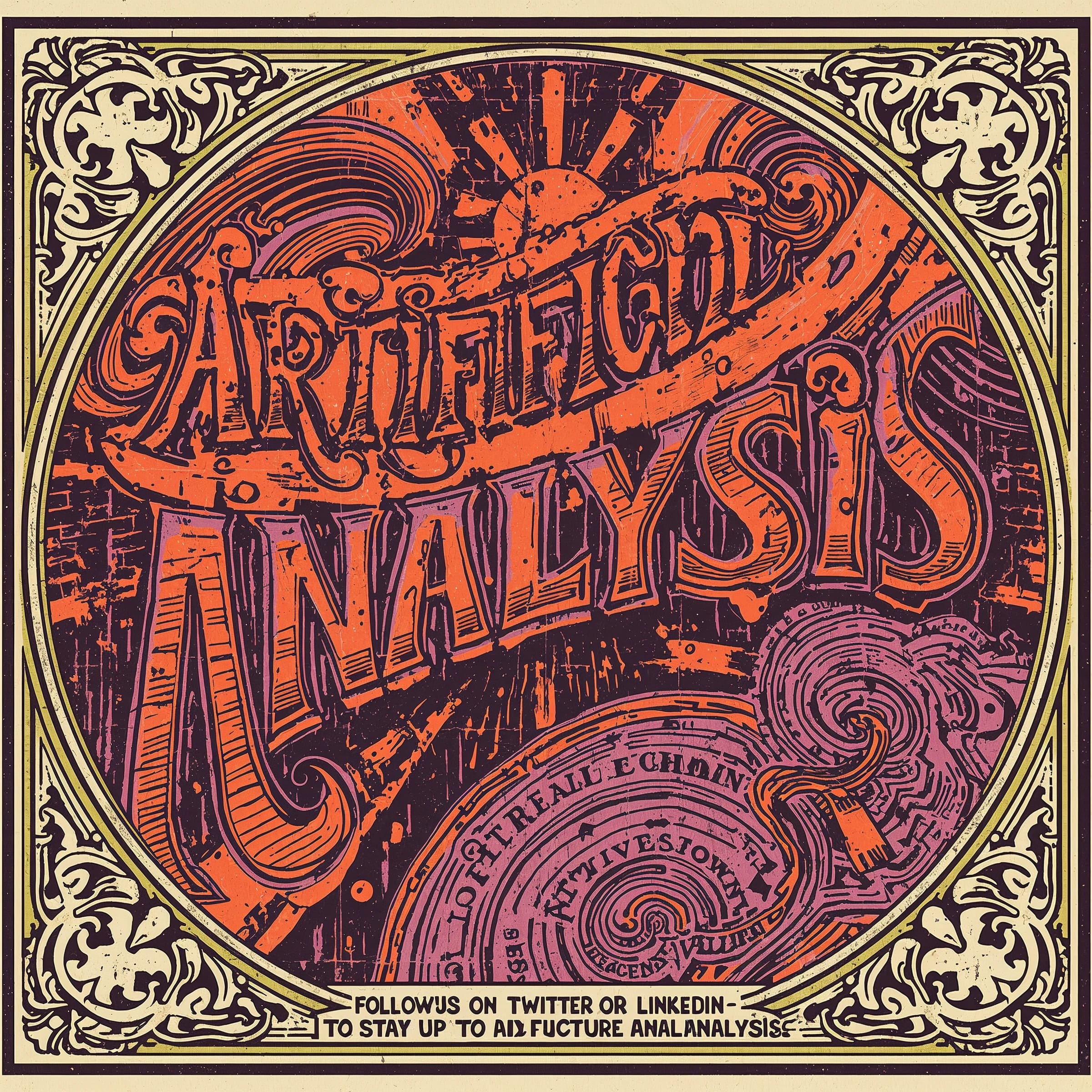 A portrait layout psychedelic concert poster from 1972 bathed in saturated oranges, deep purples, and acid greens. Swirling, hand-drawn typography arcs across the top, spelling out Artificial Analysis in bold, distorted letters that melt into spirals. Surrounded by radiating concentric circles and lightning-bolt motifs. The background is textured with halftone dots and faded paper creases, evoking a well-worn poster taped to a brick wall. Ornate floral borders frame the design, while the bottom features blocky retro lettering listing “Follow us on Twitter or LinkedIn to stay up to date with future analysis” in smaller text. 
