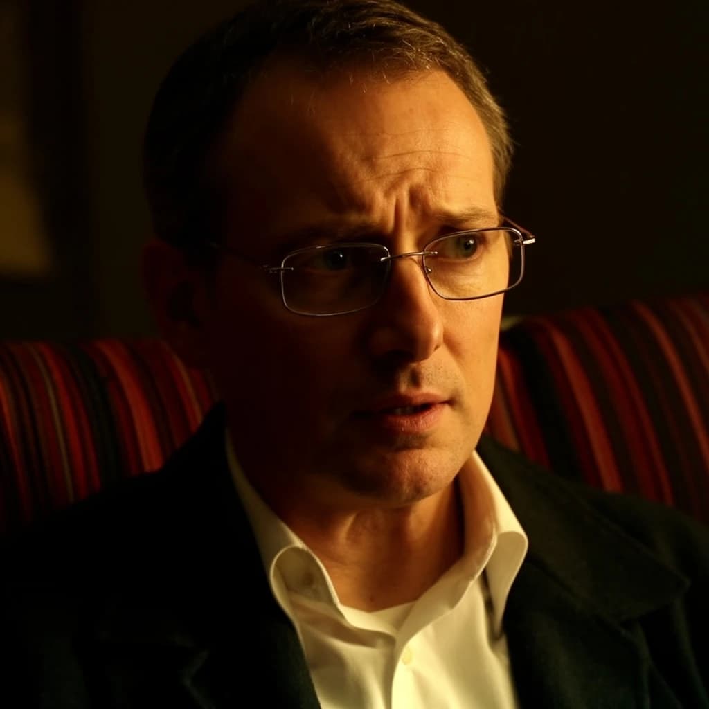 A sharply lit portrait of a middle-aged man wearing thin-rimmed glasses and a dark jacket over a white collared shirt. He gazes intently to the side, his face half illuminated by warm light while the background recedes into deep shadow. The expression is thoughtful, almost wary, as if caught mid-conversation. Behind him, a striped cushion in muted reds and blacks adds subtle texture, contrasting with the crisp highlights on his forehead and glasses. The overall mood is contemplative and cinematic, balancing warmth with tension.