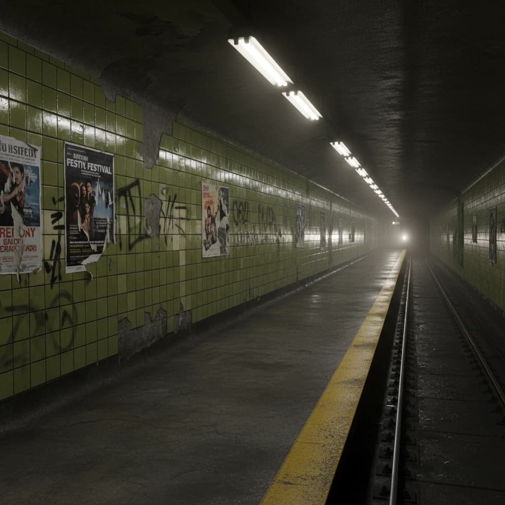 A subterranean subway platform with glossy tiles, peeling posters, flickering fluorescent lights, yellow safety line, and a distant train coming; slightly damp, echoes carry.