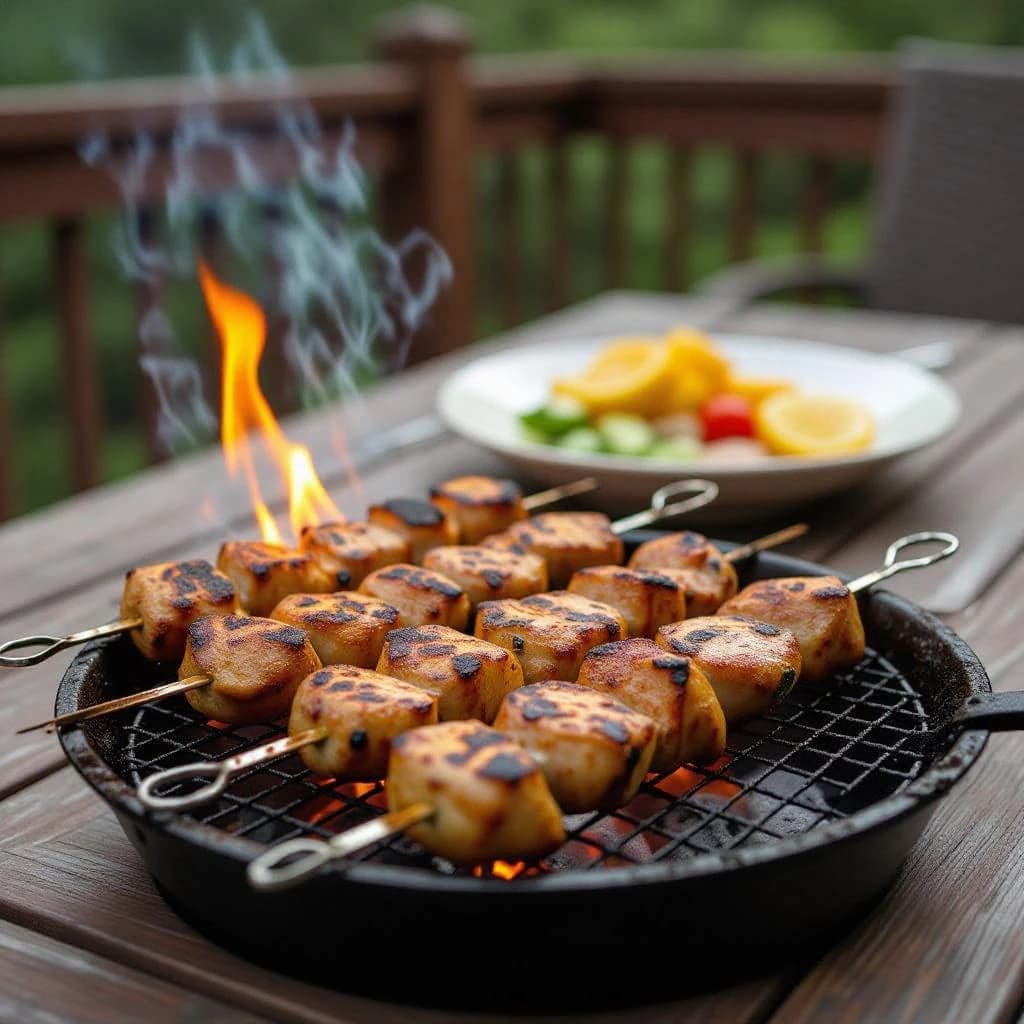 Friends grill skewers on a slightly messy patio.