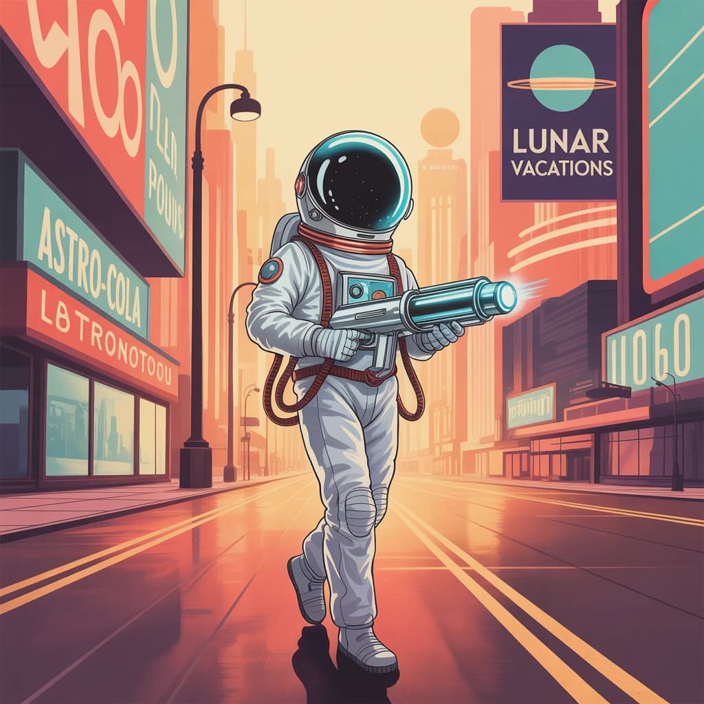 Raygun-toting astronaut in a bubble helmet strolls past art deco billboards.