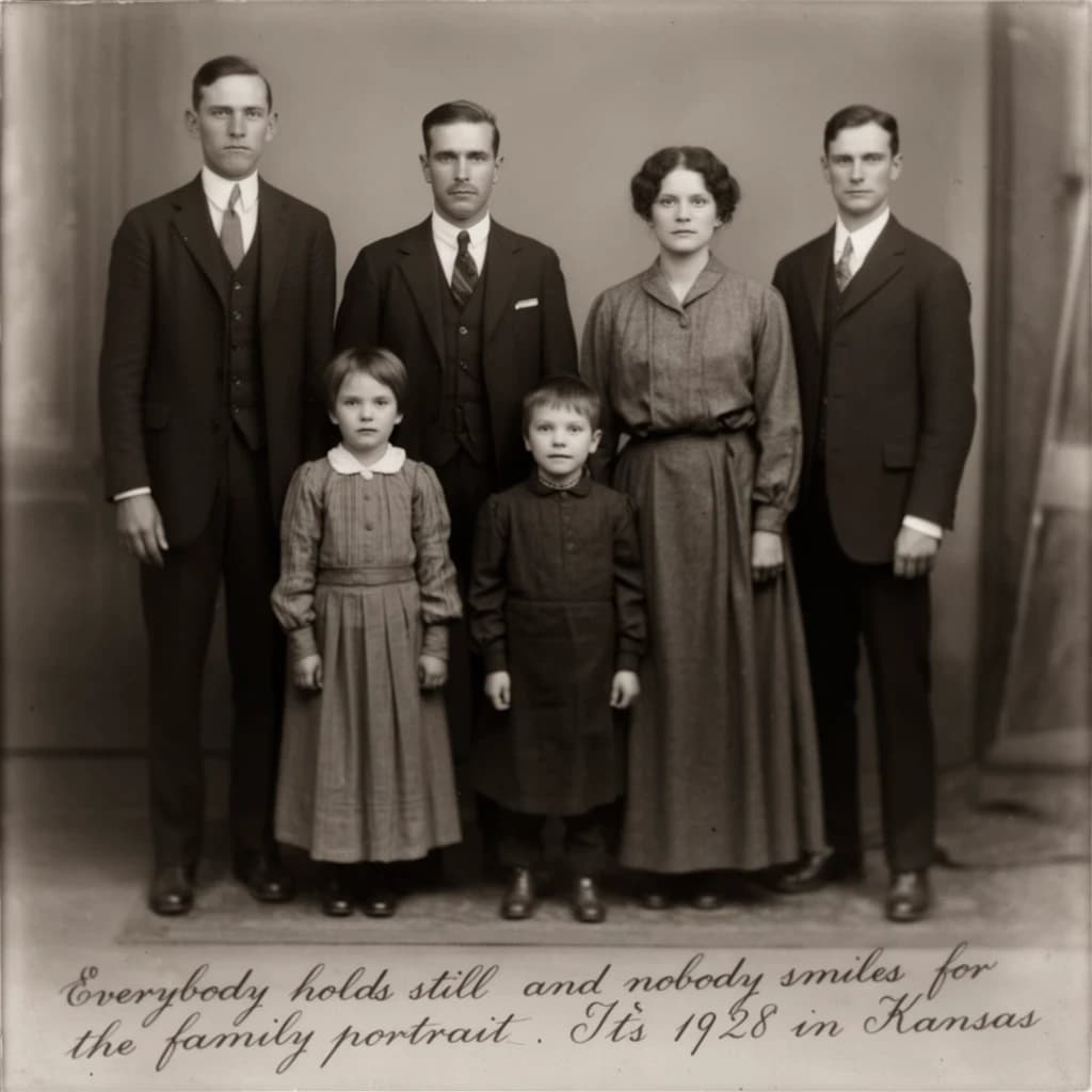 Everybody holds still and nobody smiles for the family portrait. It's 1928 in Kansas