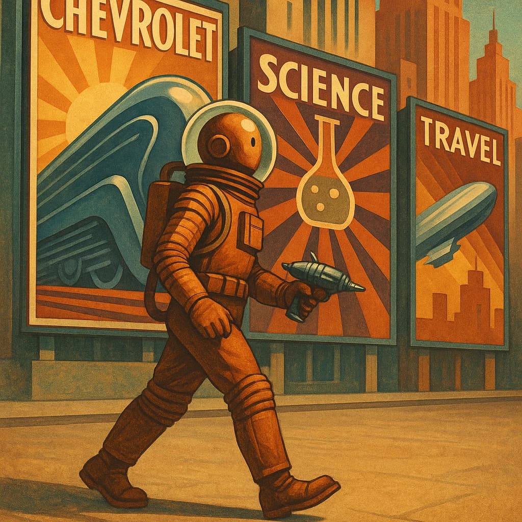 Raygun-toting astronaut in a bubble helmet strolls past art deco billboards.
