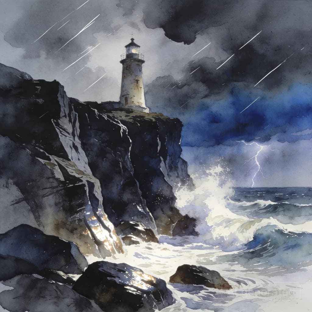 Please paint a watercolor of stormy cliffs and a lighthouse, moody sky.