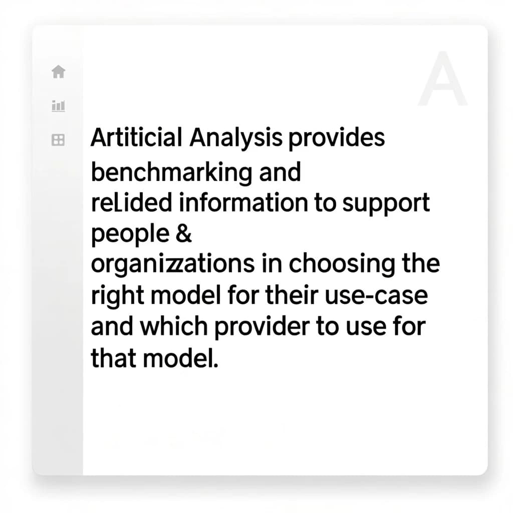 On a high-resolution dashboard mockup with a clean white background, display a centered text module in Helvetica Neue Regular, 18pt, black: “Artificial Analysis provides benchmarking and related information to support people & organizations in choosing the right model for their use-case and which provider to use for that model.” The text box is justified, but the final word wraps awkwardly onto its own line. To the left, a vertical navigation bar in light gray with three icons - home, chart, and settings - aligned evenly but casting misaligned shadows. In the upper right, the Artificial Analysis logo appears faintly, semi-transparent, watermarked over the corner of the interface.