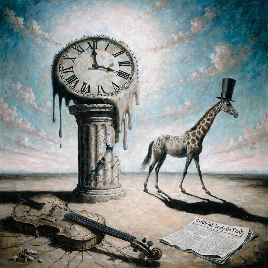 A vast desert plain stretches endlessly under a sky streaked with pale pink and ochre clouds. In the center stands a colossal clock, its face drooping and melting over the edge of a broken marble column. Ants swarm across its warped surface, glinting in the harsh sunlight. To the right, a horse with a giraffe like neck wearing a top hat strides toward the horizon, its shadow stretching miles across the sand. A cracked violin lies half-buried in the foreground, strings snapping outward like veins. Painted in the dreamlike surrealist style. A newspaper named the "Artificial Analysis Daily" lies on the Floor.