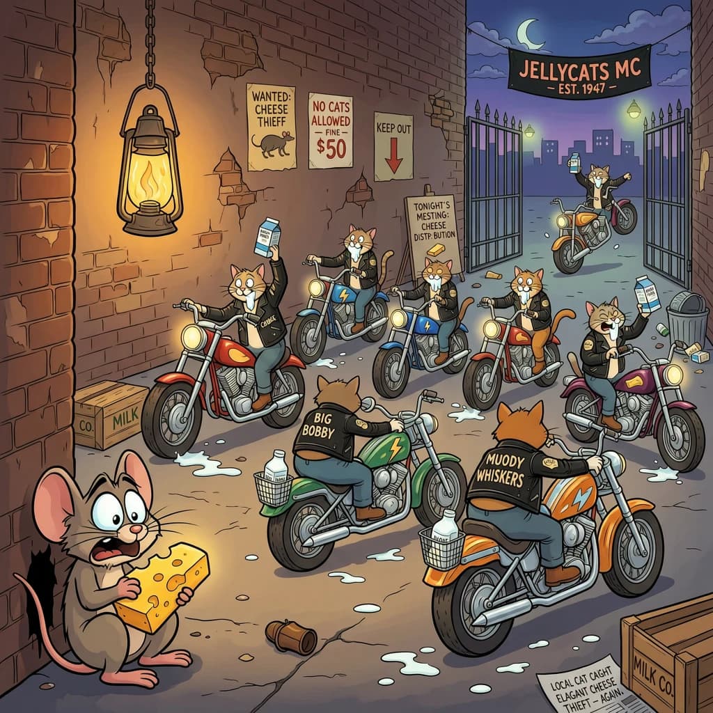 The cartoon rat clenches his thin wedge of cheese and trembles in fear as he hides from the menacing Jellicles, the roaming cat motorcycle gang, all wearing their colors with the name on the back. The cats have all drunk far too much milk and are causing a big ruckus! One cat is close to finding the rat