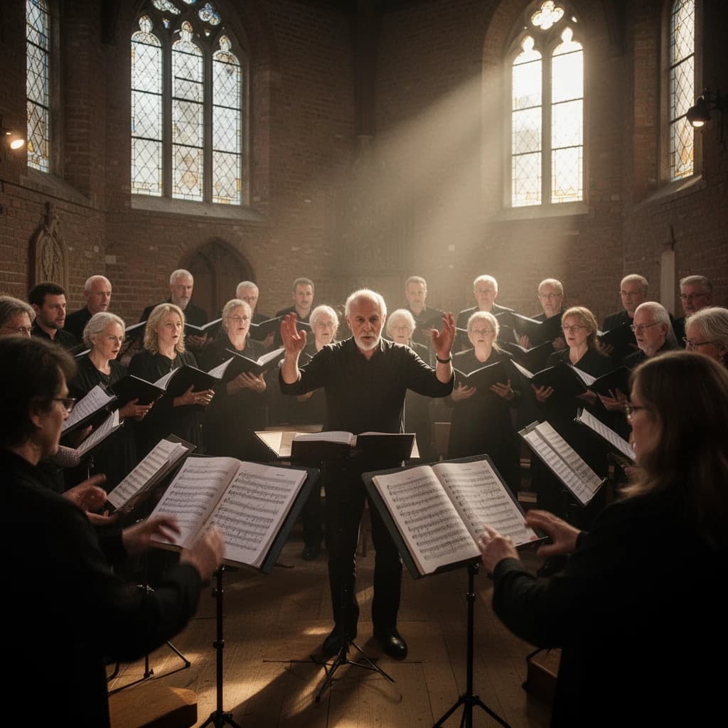 A choir rehearses in a brick hall as somewhat dramatic morning light falls through high windows, with a patient conductor mid-gesture, open scores, intent faces, slight motion blur.