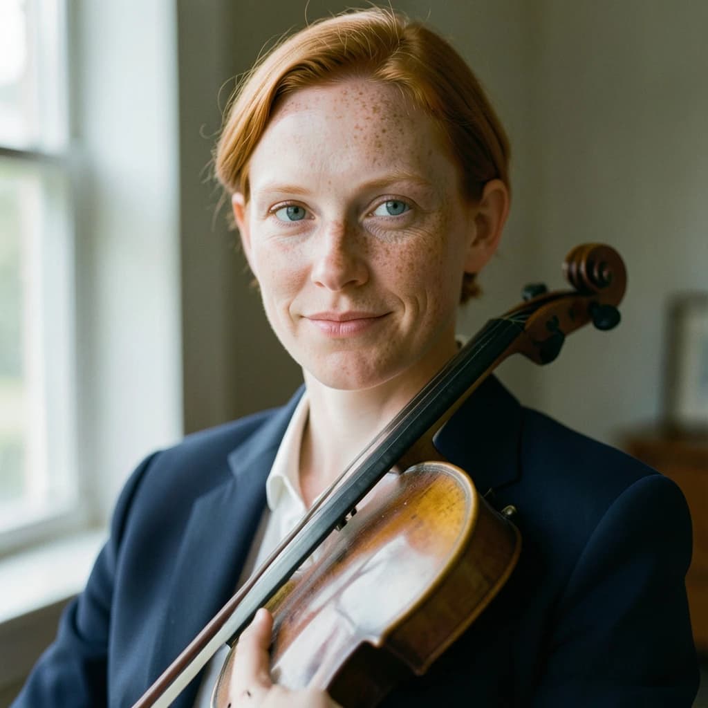 Capture a head-and-shoulders portrait of a freckled red-haired violinist in a navy blazer, soft window light, 85mm at f/1.8, gently smiling yet serious eyes, muted tones.