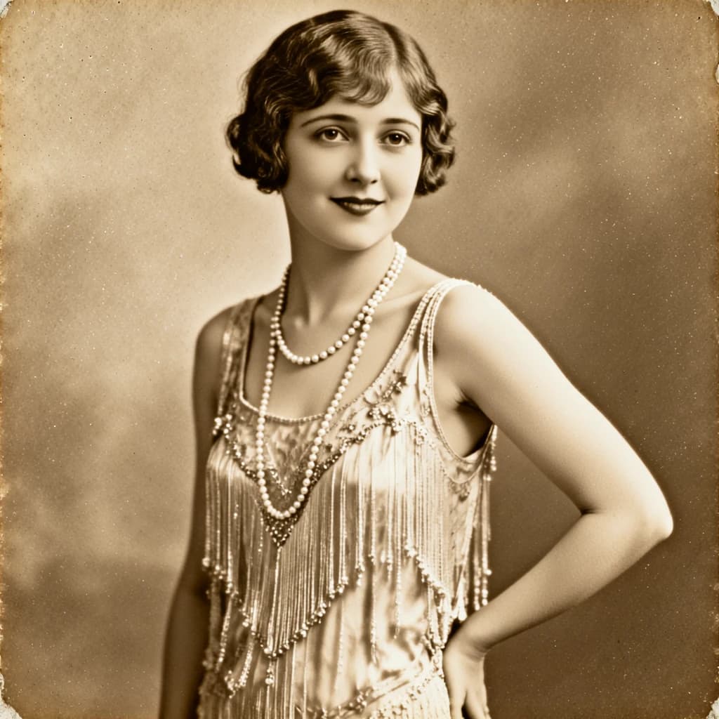 Sepia-toned studio portrait of a flapper with pearl necklace, soft grain.