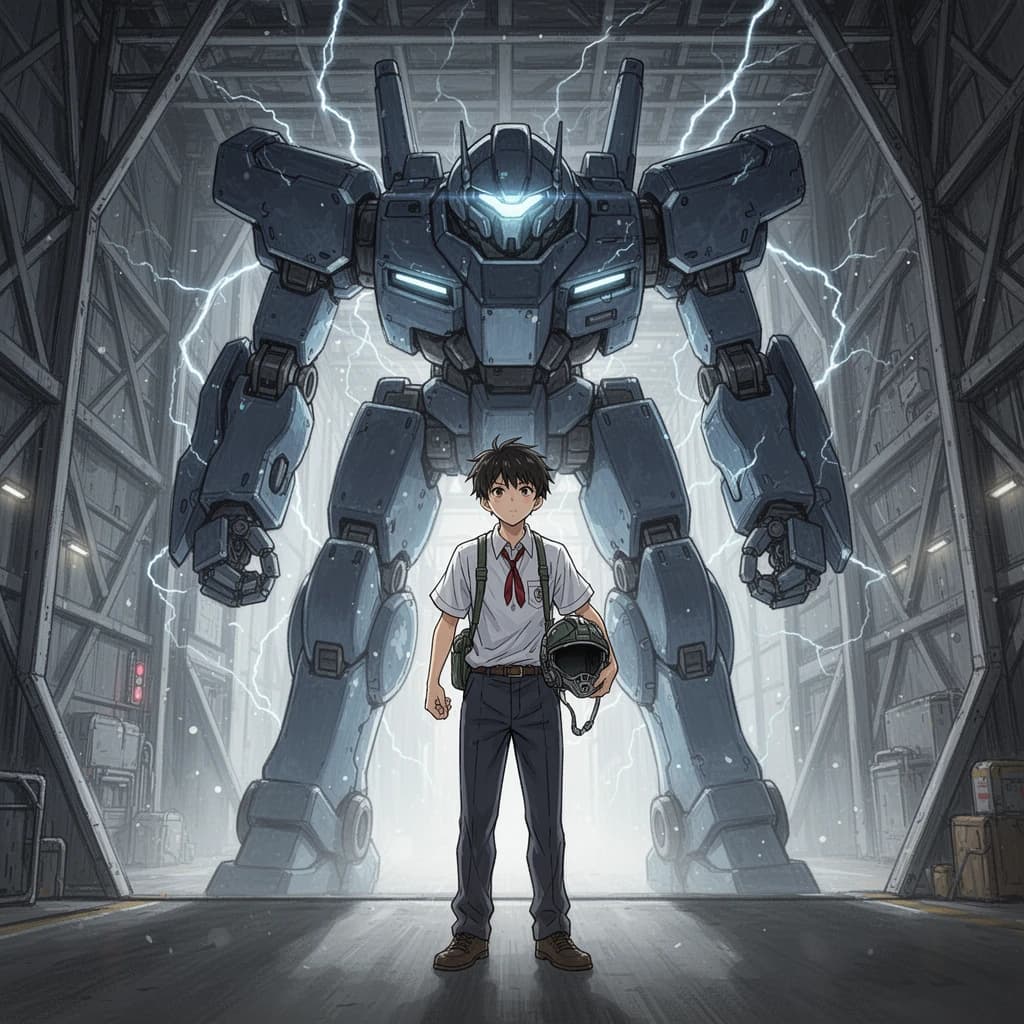 A teenage pilot grips his helmet under one arm, standing at the edge of a glowing hangar bay. Before him looms a sleek, steel-blue mech, its eyes lit with a cold electric glare. His school uniform is rumpled, a sharp contrast to the machine’s flawless plating. The vast scale engulfs him in shadow, emphasizing both awe and dread. Hand-drawn anime style.