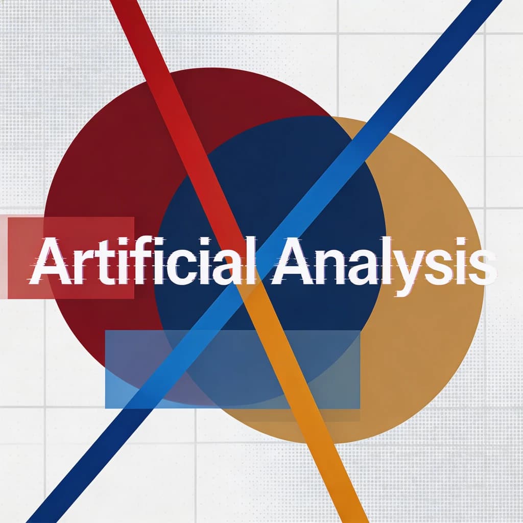 A bold poster composition dominated by flat geometric shapes in crimson, cobalt, and ochre. Overlapping circles and sharp diagonal lines create dynamic tension across the frame. A single sans-serif word — Artificial Analysis — stretches across the center in stark white, distorted slightly as though caught mid-glitch. The background is textured with halftone dots and faint grid lines, while subtle overlays of translucent rectangles suggest depth. Designed in the spirit of modernist Swiss typography fused with digital glitch aesthetics.