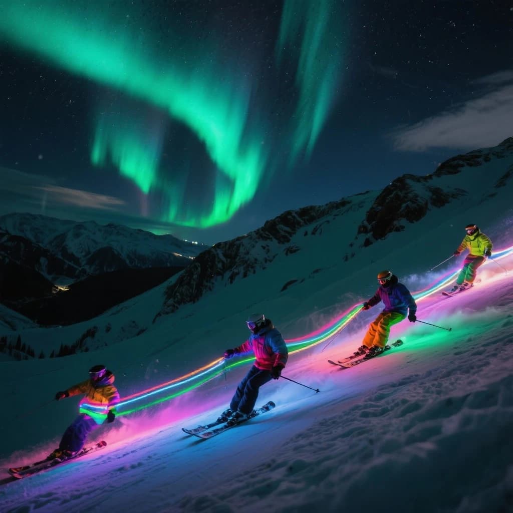 Coronet Peak Night Skiing: Skiers in colorful LED suits carve their way down the slopes of New Zealand's Coronet Peak under the Aurora Borealis, the skiers' light trails visible behind them