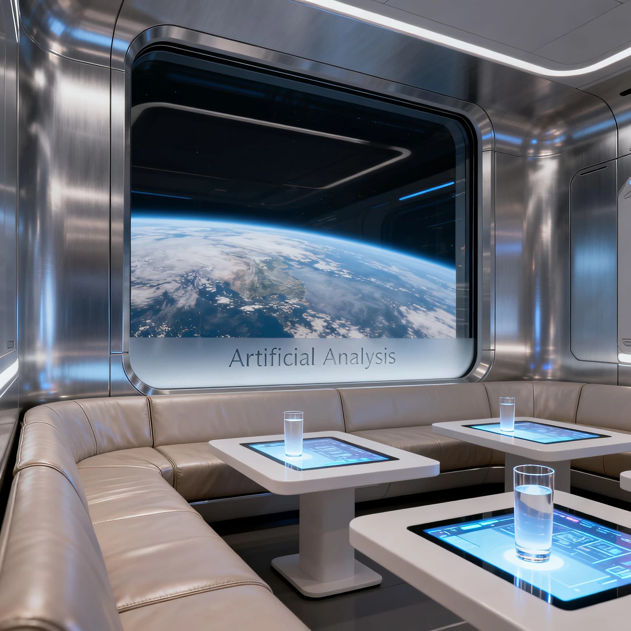 The orbital lounge has brushed aluminum walls and pale leather banquettes. Low white tables are inset with glowing touchscreens. Drinks are clear, flavorless, in tall unmarked glasses. The viewport is floor-to-ceiling, showing Earth moving slowly beneath. The word Artificial Analysis is etched discreetly on the glass in a frosted band.