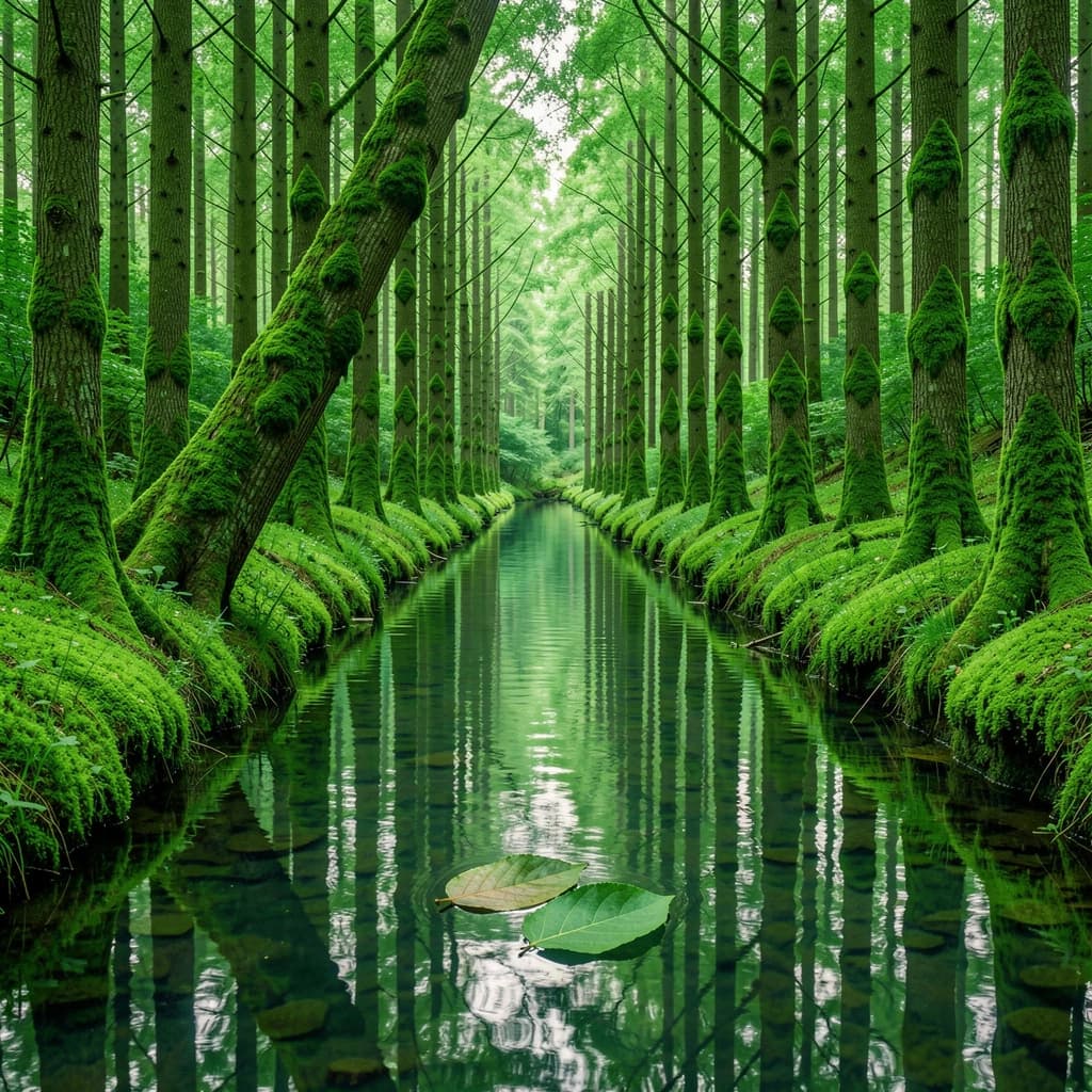 The forest is saturated green, trees identical in height and width, trunks straight, bark texture repeating. One trunk leans diagonally yet the branches remain vertical. The moss is emerald, glistening, though each patch forms identical diamond shapes. A stream runs straight, perfectly linear, water clear, reflecting clouds not visible in the sky. No animals, no insects, but one leaf floats on the water, doubled, showing two overlapping shadows.