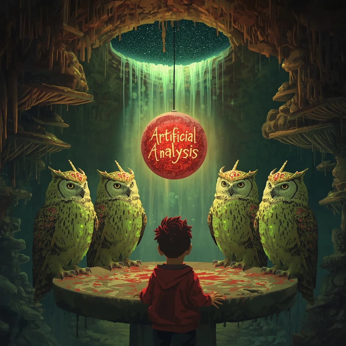 In a cavern lined with bioluminescent fungi glowing lime green, the council of owls wear jeweled crowns that glimmer with rubies, their wings folded behind their backs. Dust coats the stone table, a glowing orb inscribed with “Artificial Analysis” hovers above the table illuminating the owls with its red pulsating light. Behind them, a waterfall falls upward into a ceiling that opens onto stars - a child looks down in wonder from above at what he has stumbled across.