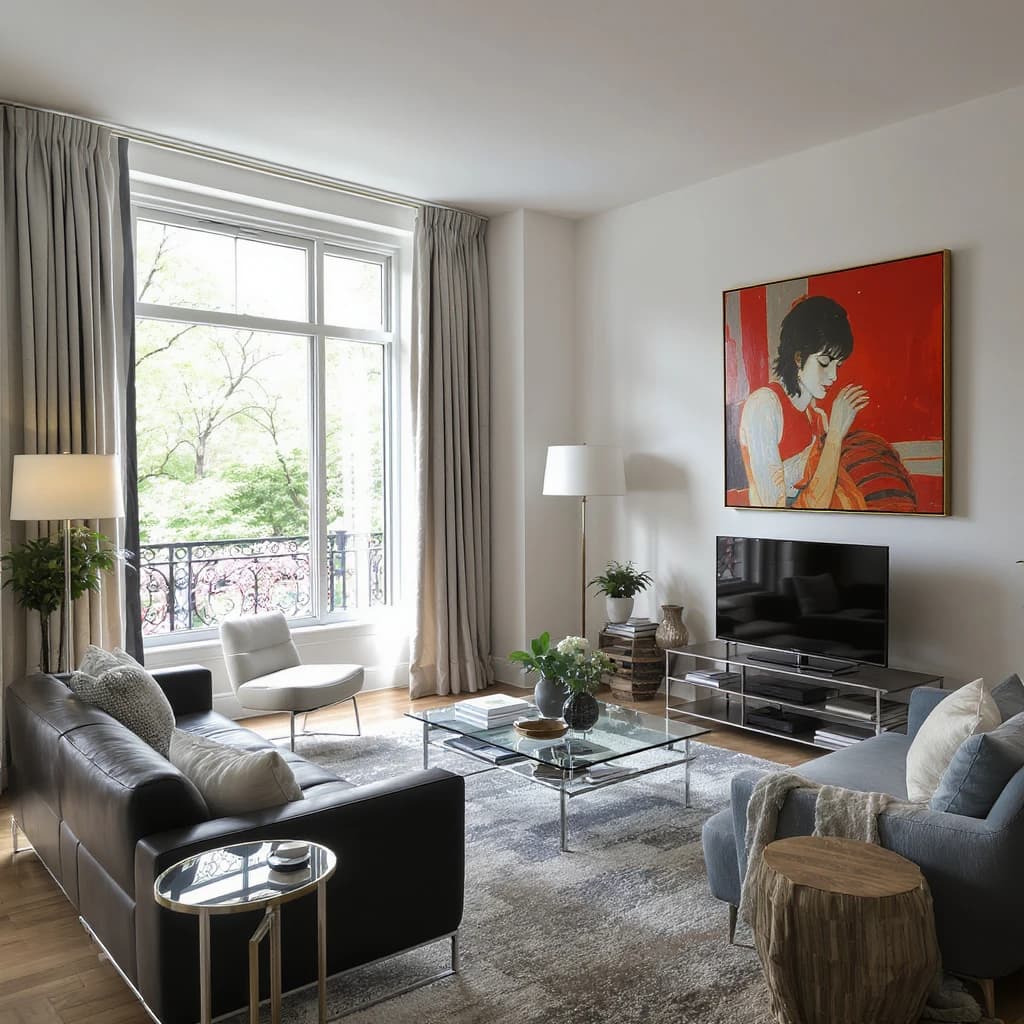 My apartment overlooks Central Park. It’s very luxurious, very expensive, and the furniture is minimal — a black leather couch, a glass coffee table with chrome legs, an Arne Jacobsen floor lamp. A big-screen television set rests on a steel shelving unit. A David Onica painting hangs above the couch. There’s a stainless steel and glass cocktail table. A powder-blue sofa. A thirty-inch digital TV.