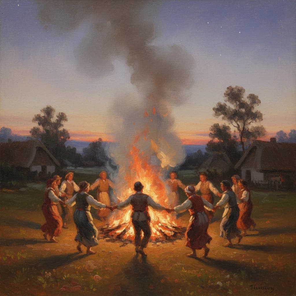 Make an oil painting of villagers dancing by a bonfire at dusk, a bit smoky.