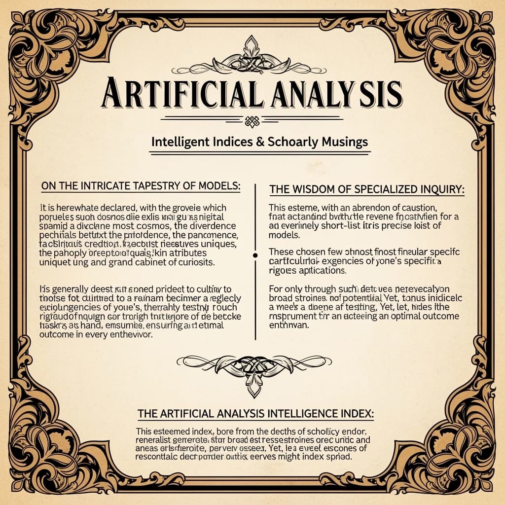 On a flat layout, write in an ornate baroque style "Models vary significantly between their technical performance, features and their quality. Artificial Analysis's intelligence index represents a generalist perspective and is useful as an indicator of the quality of responses. It is generally advisable to develop a short-list of models which best suit your use-case for customized use-case specific testing. "