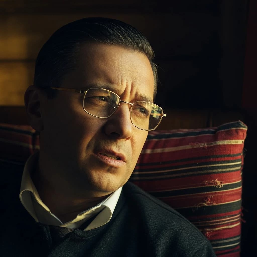 A sharply lit portrait of a middle-aged man wearing thin-rimmed glasses and a dark jacket over a white collared shirt. He gazes intently to the side, his face half illuminated by warm light while the background recedes into deep shadow. The expression is thoughtful, almost wary, as if caught mid-conversation. Behind him, a striped cushion in muted reds and blacks adds subtle texture, contrasting with the crisp highlights on his forehead and glasses. The overall mood is contemplative and cinematic, balancing warmth with tension.