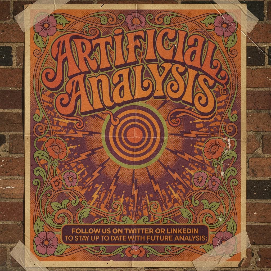 A portrait layout psychedelic concert poster from 1972 bathed in saturated oranges, deep purples, and acid greens. Swirling, hand-drawn typography arcs across the top, spelling out Artificial Analysis in bold, distorted letters that melt into spirals. Surrounded by radiating concentric circles and lightning-bolt motifs. The background is textured with halftone dots and faded paper creases, evoking a well-worn poster taped to a brick wall. Ornate floral borders frame the design, while the bottom features blocky retro lettering listing “Follow us on Twitter or LinkedIn to stay up to date with future analysis” in smaller text. 