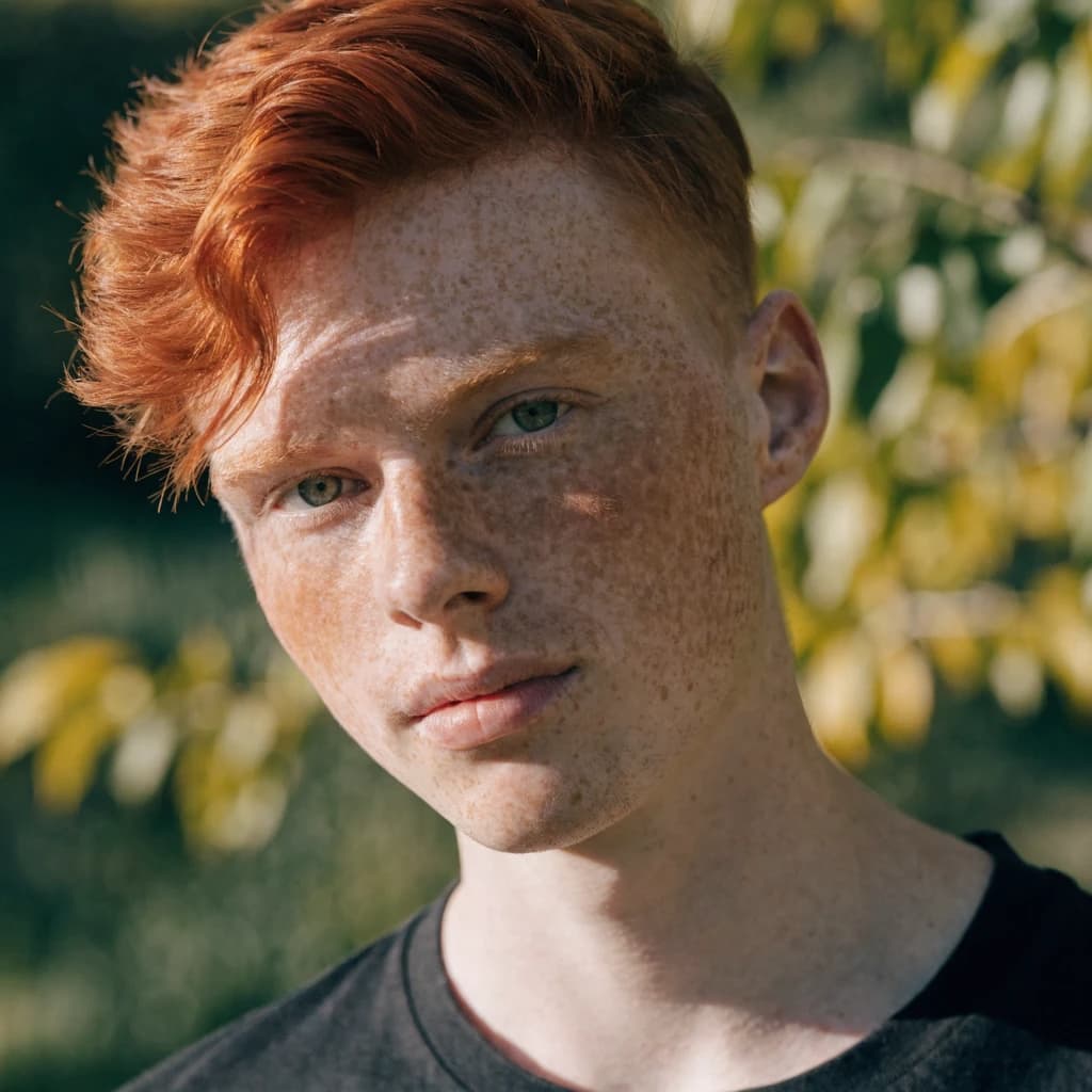Shoot a natural light headshot of a red-haired man with freckles, green eyes.