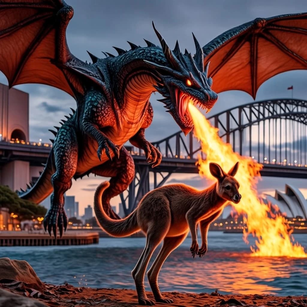 A dragon breathes fire at a kangaroo that is running away by climbing over the top of the Sydney Harbour Bridge. Opera House visible in the background.