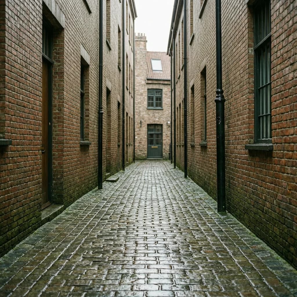 Show a narrow brick alley with wet cobblestones.