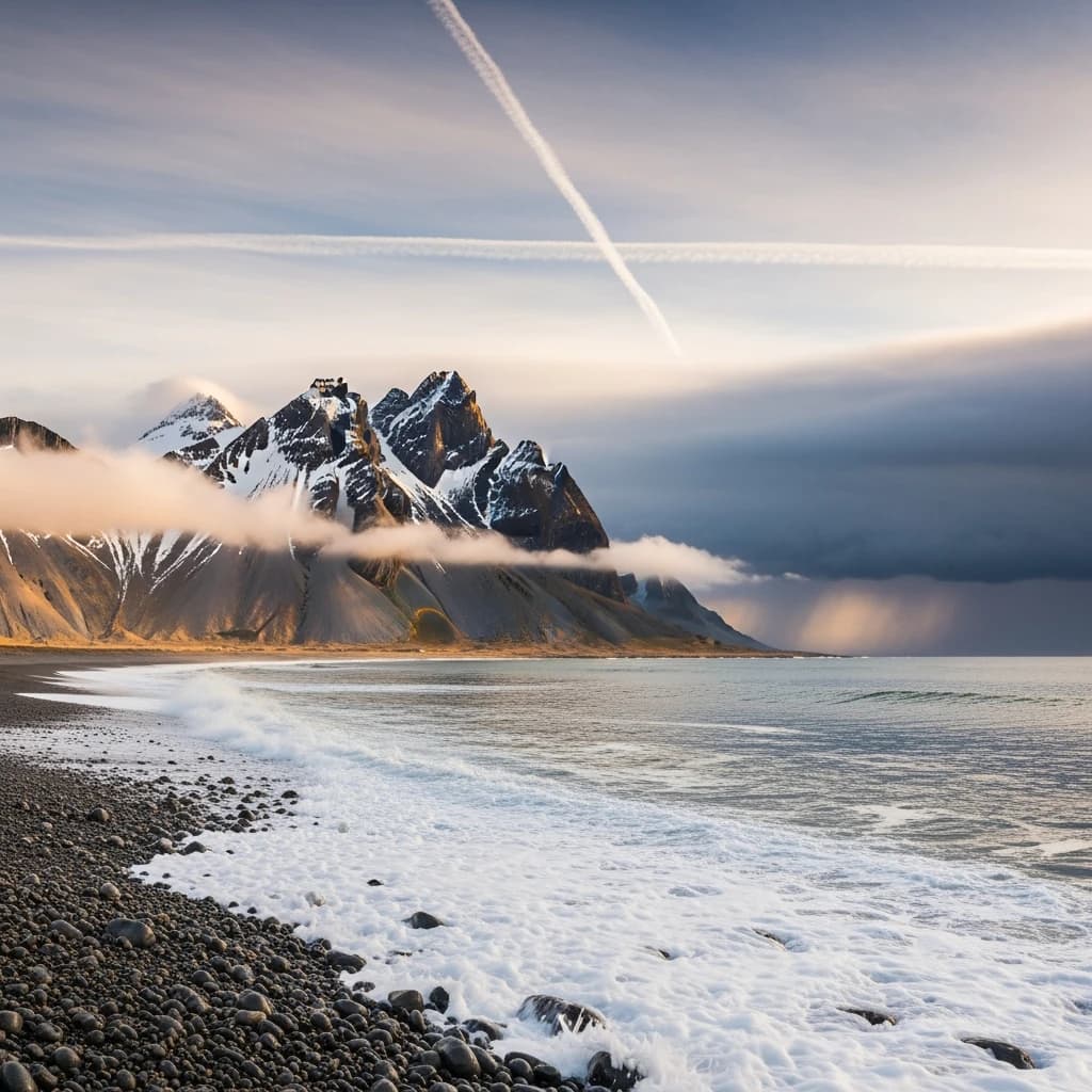 A stunning mountain vista pokes through the cloud top. Contrails from a distant airplane linger in the air. In the foreground there is a stony beach with foamy seas. A thunder storm is visibile in the distant right.