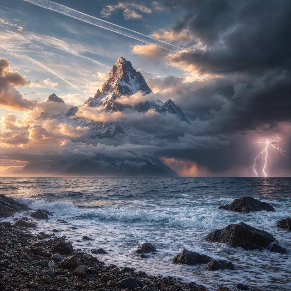 A stunning mountain vista pokes through the cloud top. Contrails from a distant airplane linger in the air. In the foreground there is a stony beach with foamy seas. A thunder storm is visibile in the distant right.