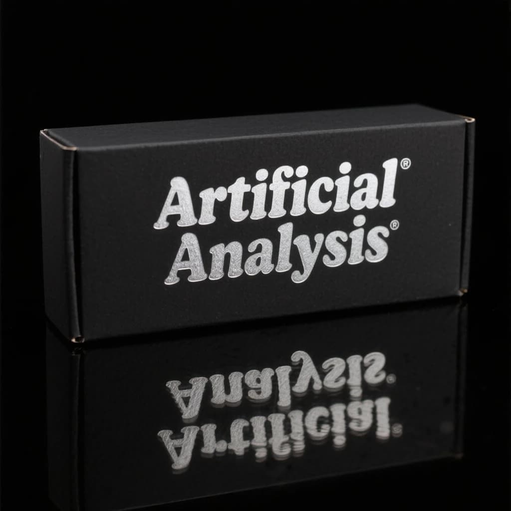 On the black box, silver foil embossing, centered: "Artificial Analysis" in Comic Sans Small Caps, perfectly justified. The letters are crisp, but the “Y” is duplicated faintly, ghosting right. On the box’s reflection, the word order is inverted: ARTIFICIAL ANALYSIS.