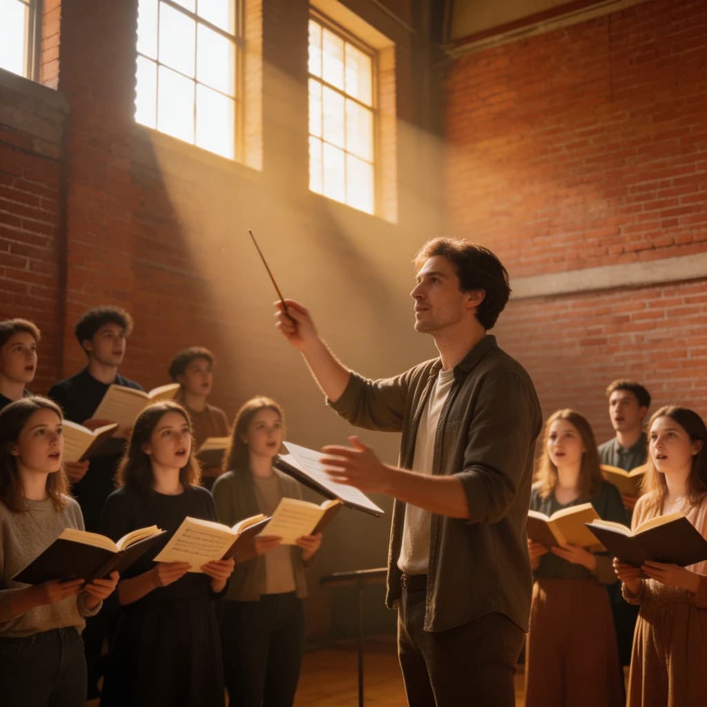 A choir rehearses in a brick hall as somewhat dramatic morning light falls through high windows, with a patient conductor mid-gesture, open scores, intent faces, slight motion blur.