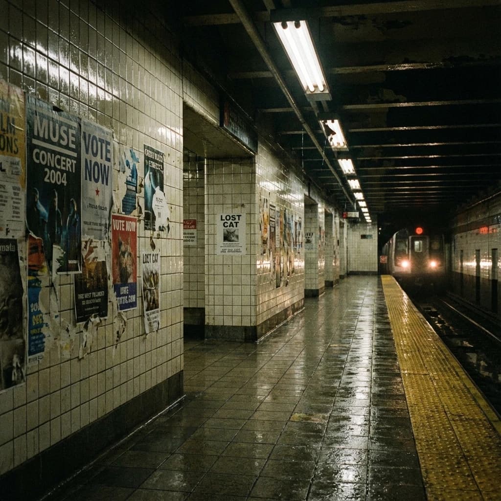 A subterranean subway platform with glossy tiles, peeling posters, flickering fluorescent lights, yellow safety line, and a distant train coming; slightly damp, echoes carry.