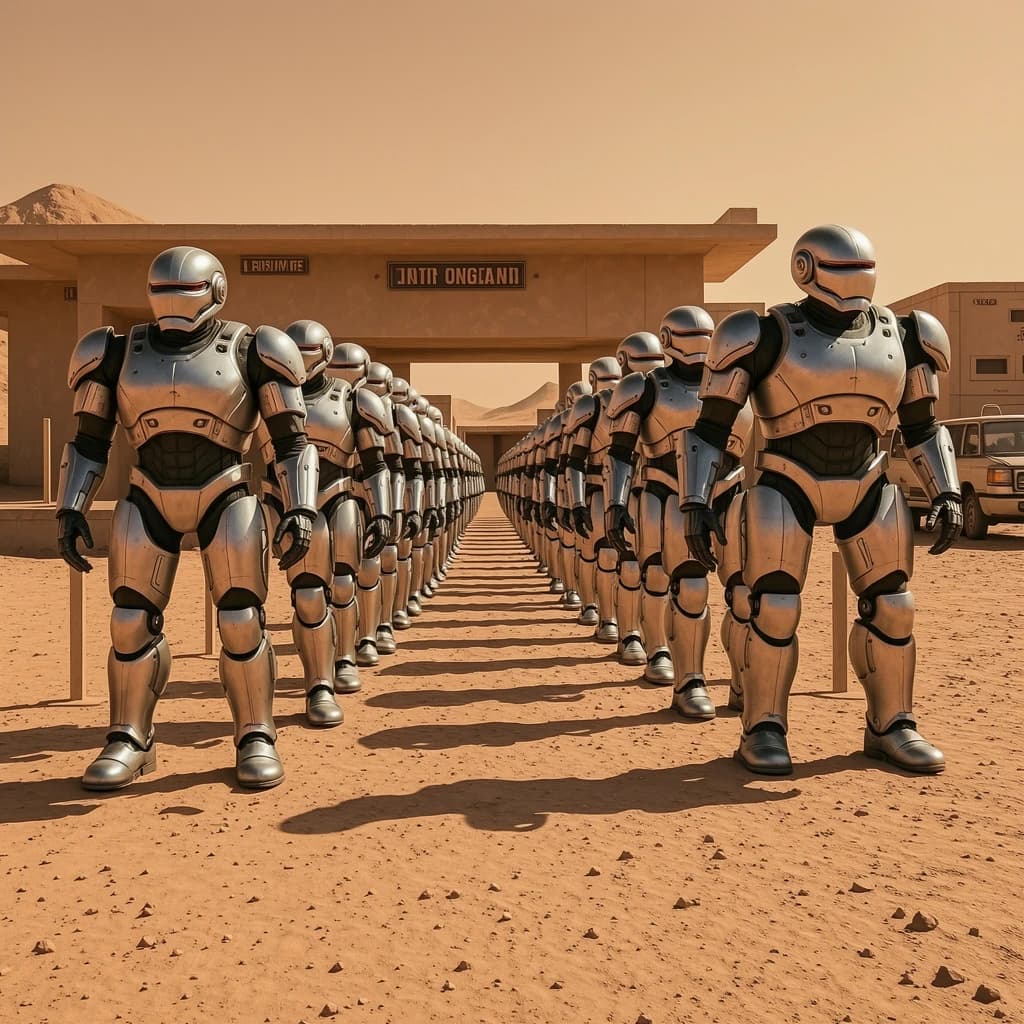 Silver exosuits queue at a dusty lunar checkpoint.