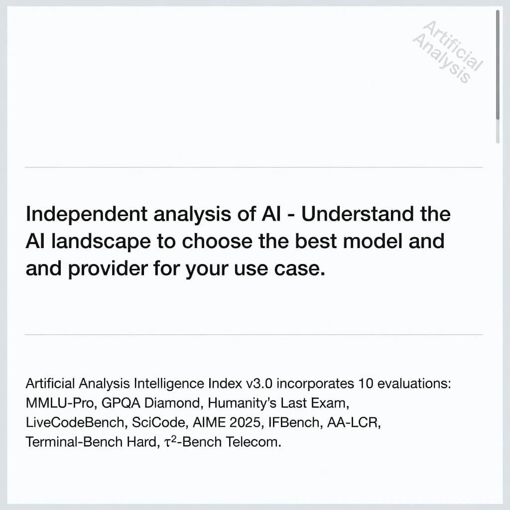 On a white dashboard with thin gray dividers, place a centered header in Helvetica Neue Bold, 20pt: “Independent analysis of AI - Understand the AI landscape to choose the best model and provider for your use case.” Directly beneath, a subheader in smaller Regular weight, 14pt: “Artificial Analysis Intelligence Index v3.0 incorporates 10 evaluations: MMLU-Pro, GPQA Diamond, Humanity's Last Exam, LiveCodeBench, SciCode, AIME 2025, IFBench, AA-LCR, Terminal-Bench Hard, 𝜏²-Bench Telecom.” The header is fully justified but the subheader is left-aligned. In the upper right corner, the Artificial Analysis logo appears watermarked, diagonal, faint gray, partially overlapping the scrollbar.