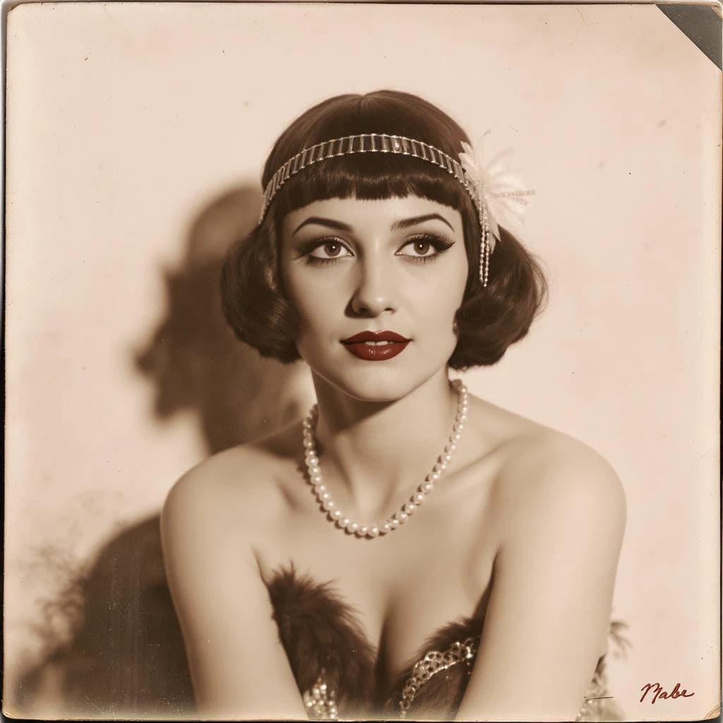 Sepia-toned studio portrait of a flapper with pearl necklace, soft grain.